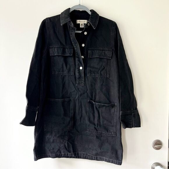 NWT Madewell Long Sleeve Denim Popover Mini Shirtdress in Clean Black Wash - Picture 7 of 10